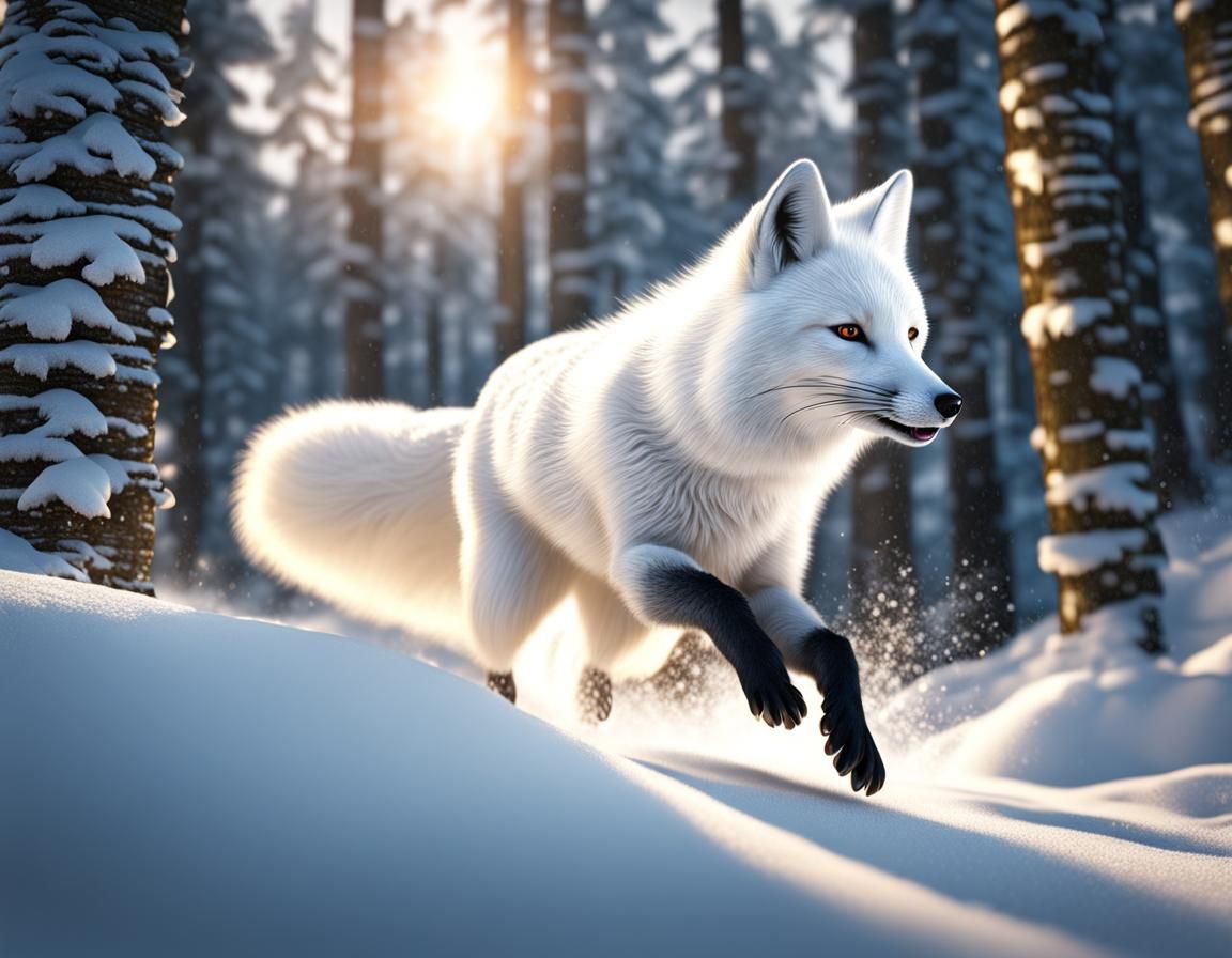 White Fox Leaping in Snowy Forest in 3D