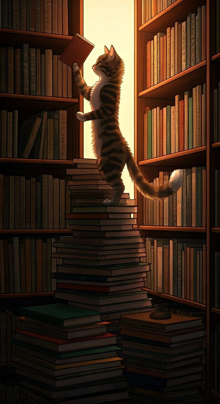 An anthropomorphic cat standing on a pile of books to reach ...