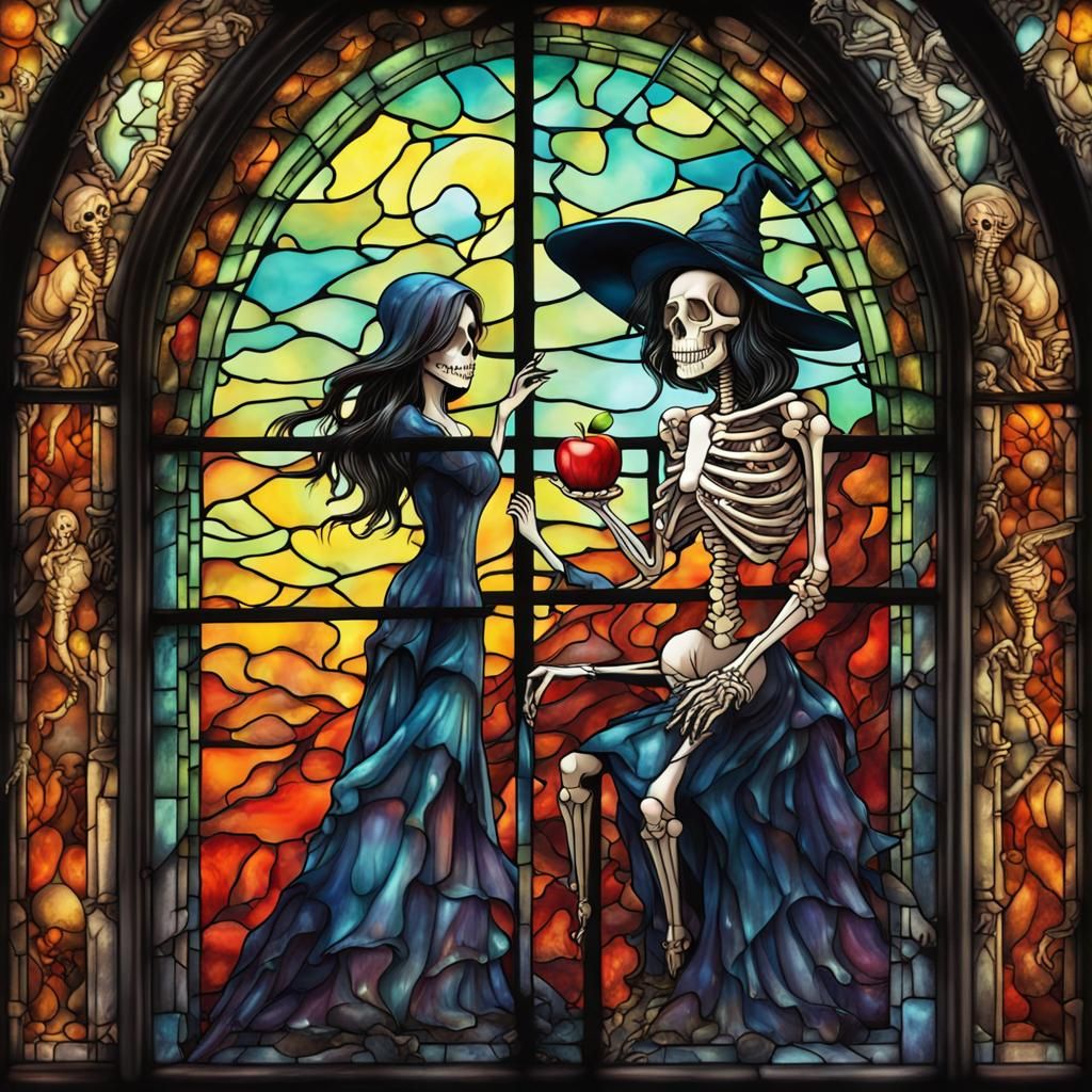 Cracked Stained Glass Window, Skeleton + Witch