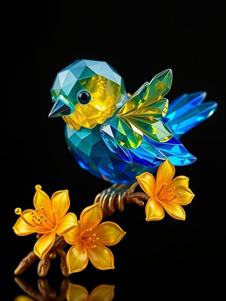 Stunning Crystal Bird Sculpture with Golden Accents and Yell...