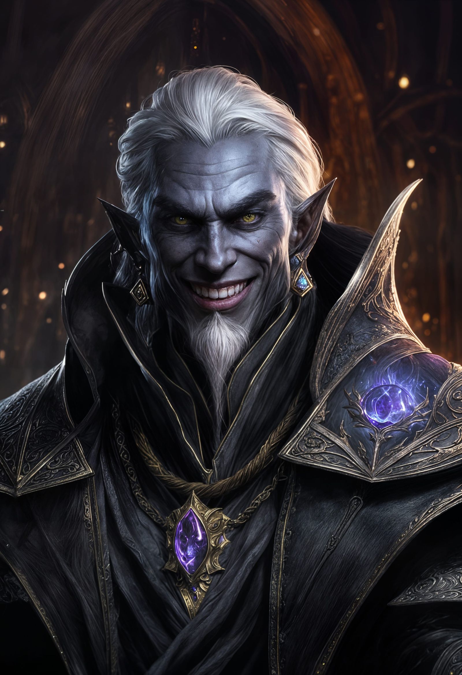 Laughing Drow Mage Portrait in Dark Fantasy Style