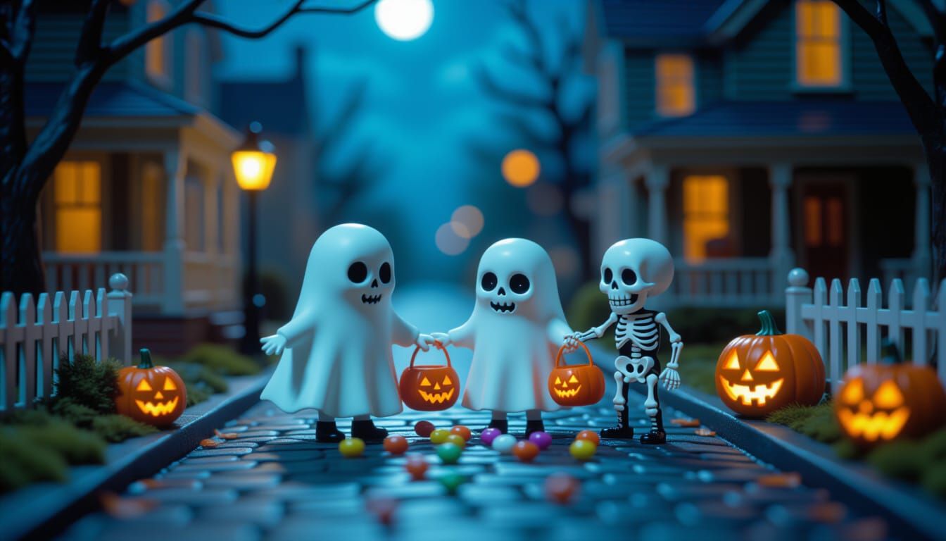 Whimsical Halloween Night: Cute Ghosts and Skeletons Trick-o...