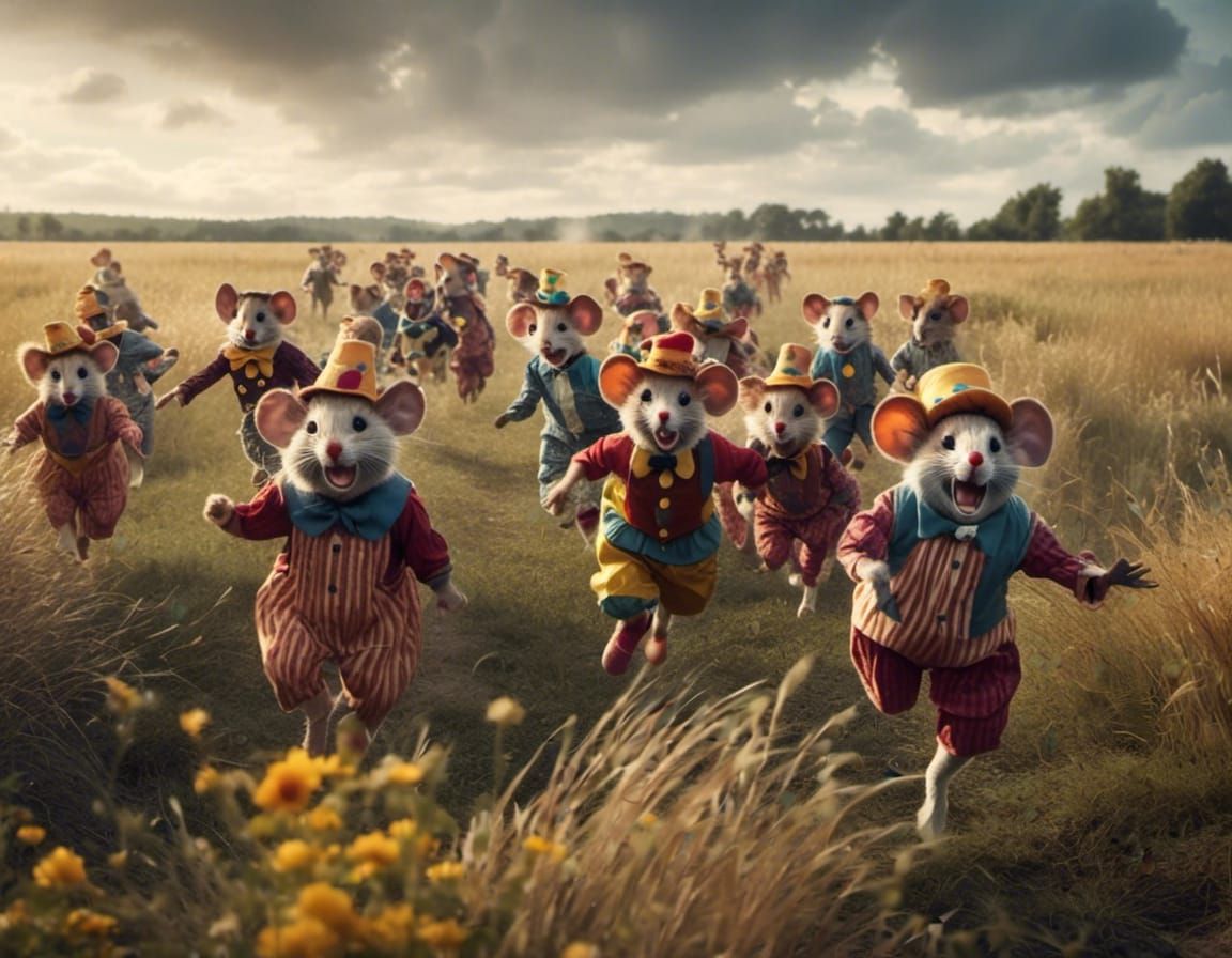 A large group of field mice wearing clown costumes and full-face clown makeup running across an open field.