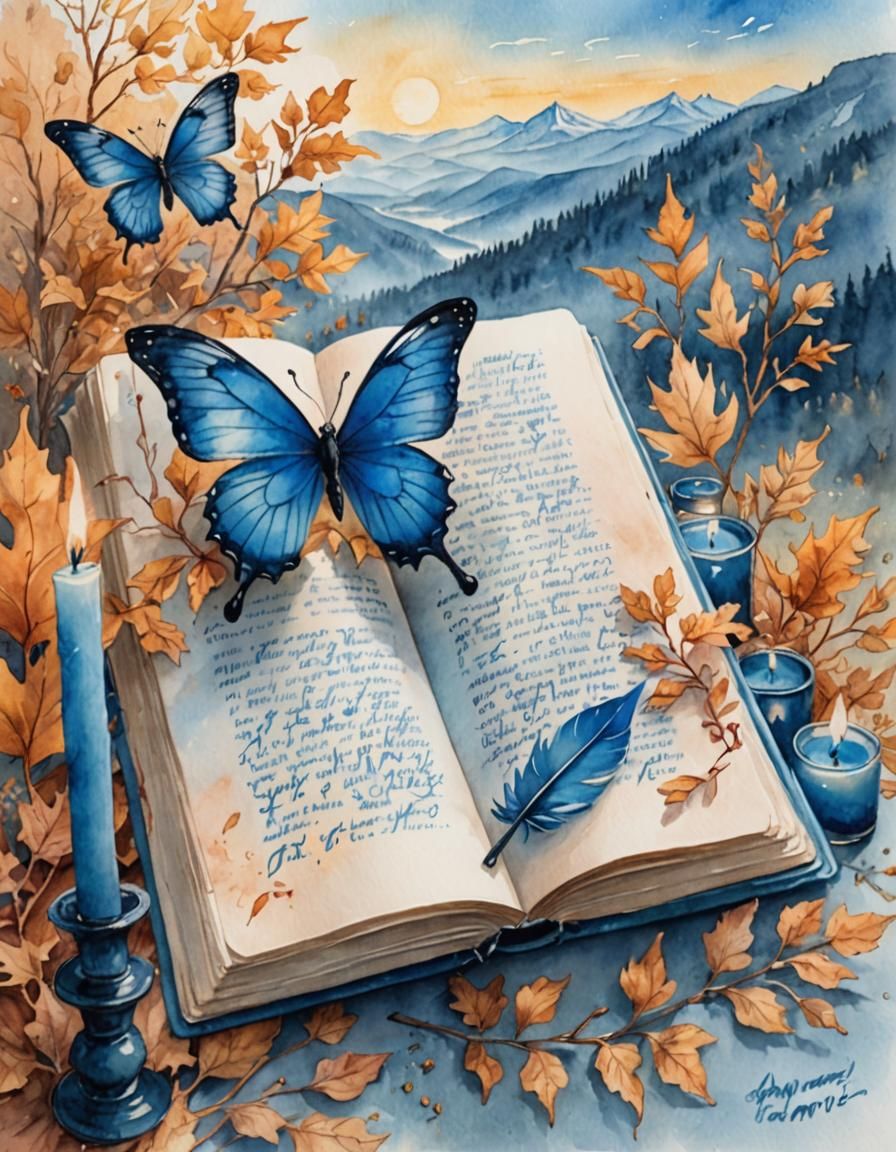 Blue Autumn Scene in Watercolor Style