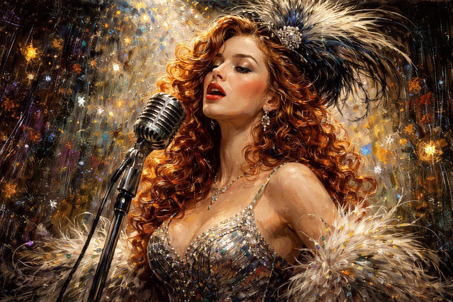 Red Haired Singer on Glittering Stage, Impasto Style
