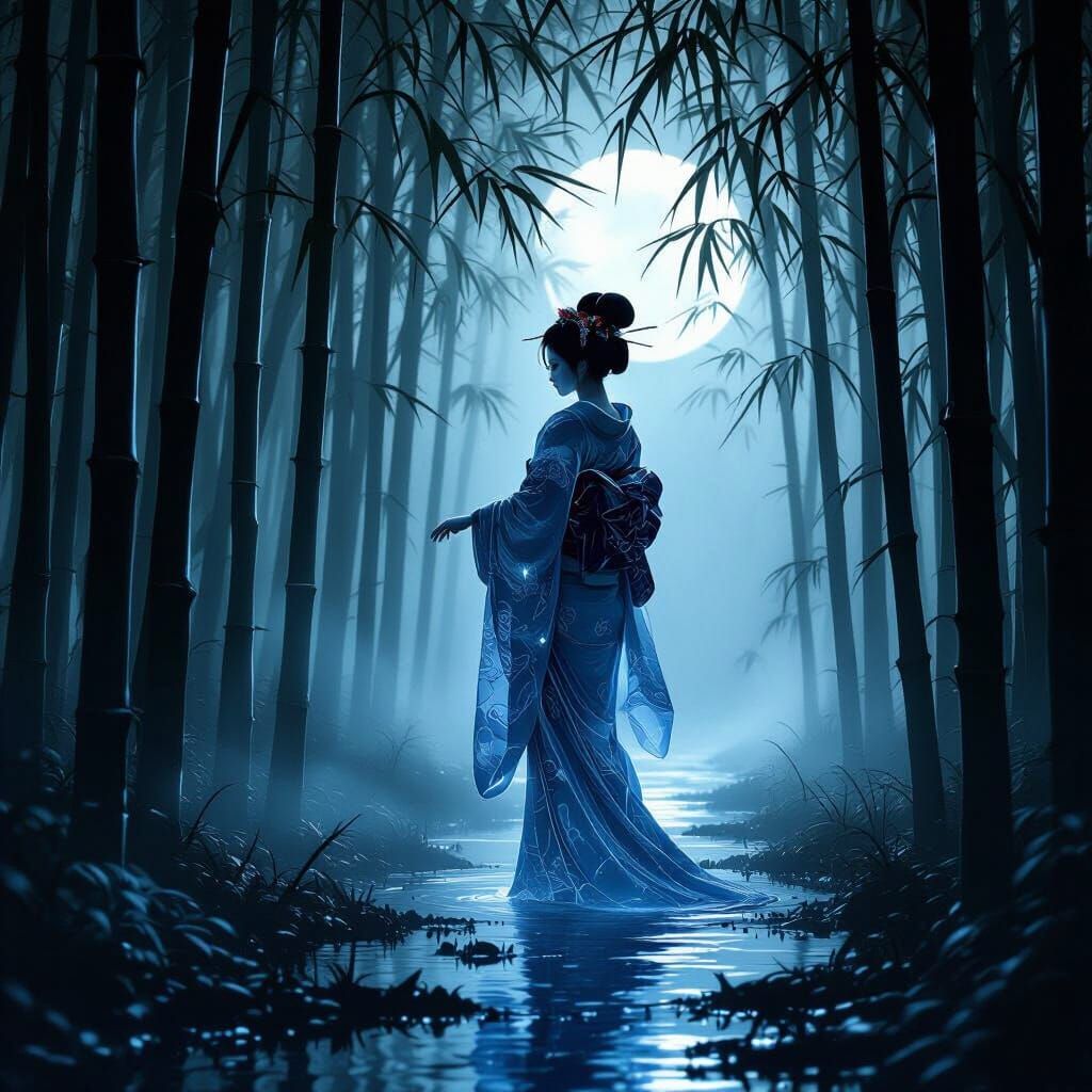 Spectral Geisha in Moonlit Bamboo Forest