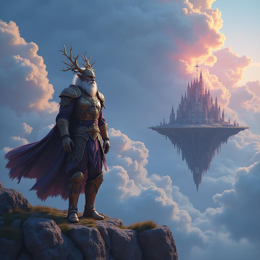 Mystical Warrior on Floating Island in Ethereal Landscape