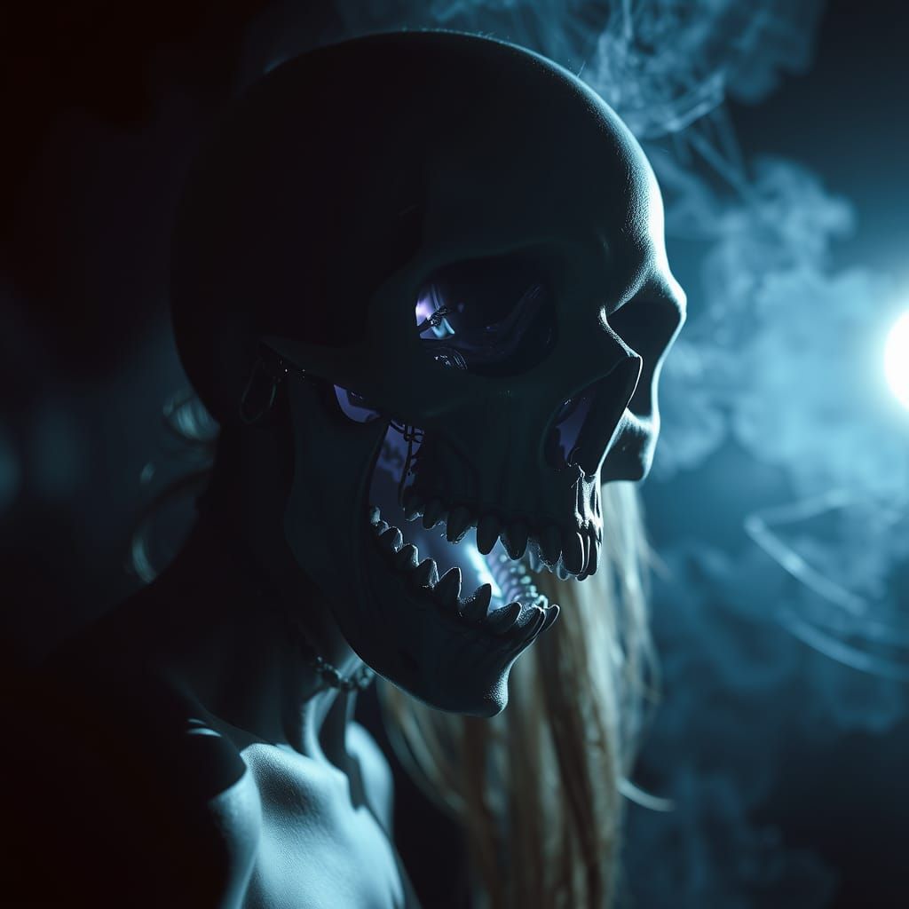 Glitchcore Woman: Macabre Skull Portrait