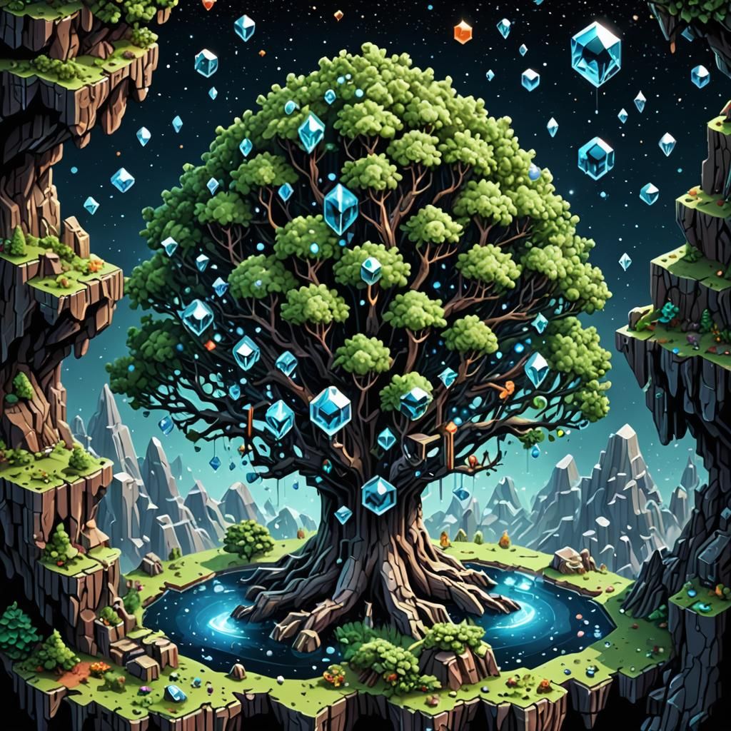 Isometric Pixel Art of Interstellar Crystal World Tree