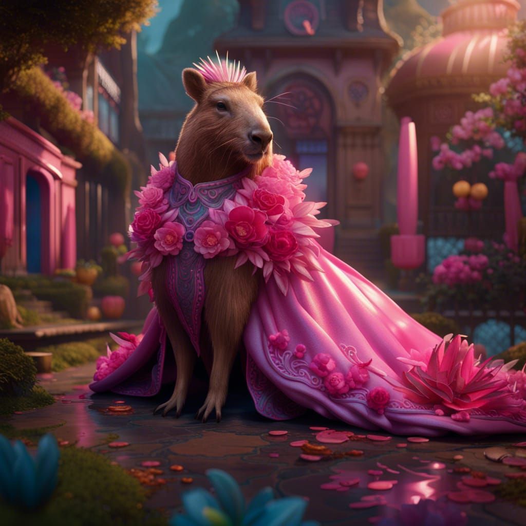 Capybara Dressed as Barbie: Detailed Matte Painting