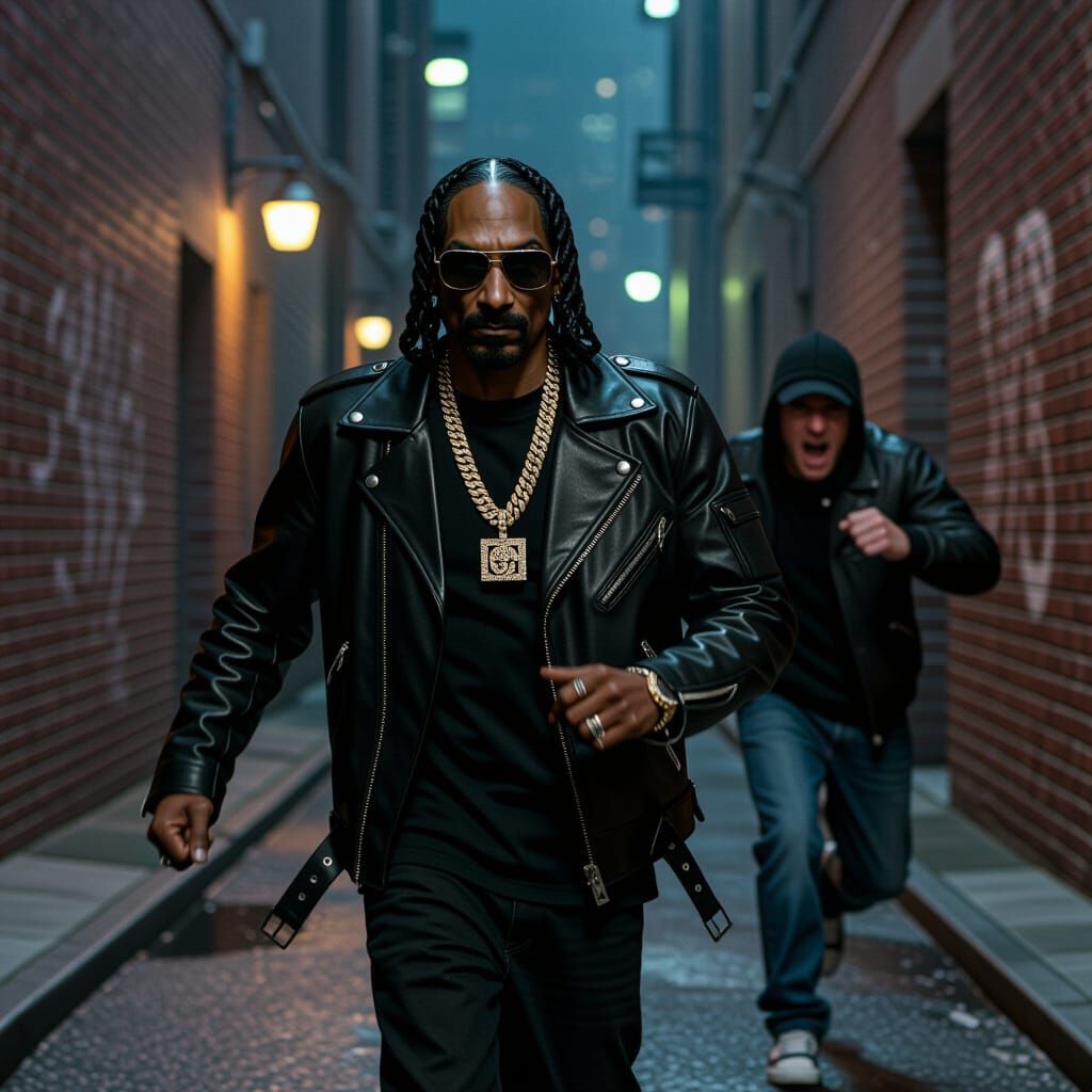 Snoop Dogg Alleyway Chase in Hyper-Realistic Style
