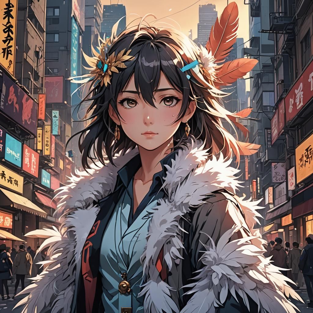 Anime Movie Star with Feather Bower in City