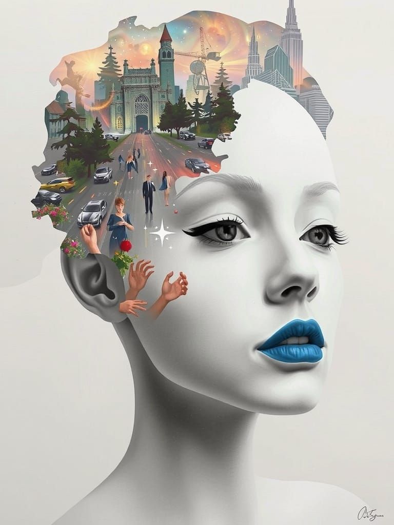 Kissing Couple in Galaxy Cityscape Double Exposure