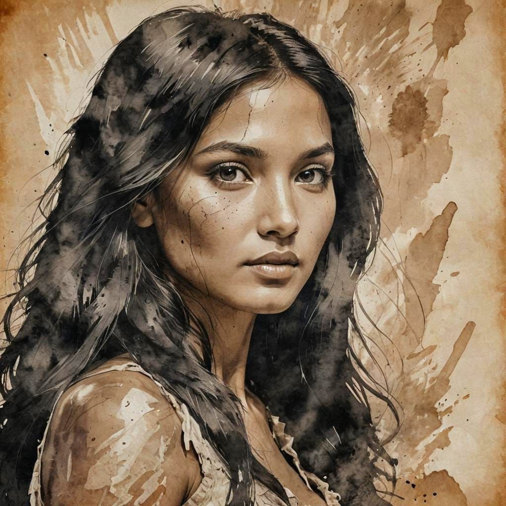 Pocahontas Double Exposure in Vintage Ink Painting