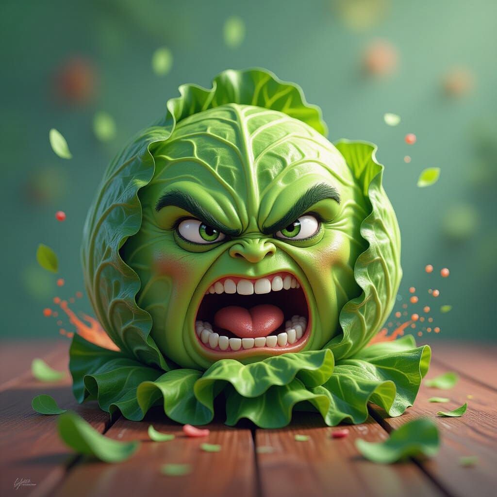 Angry Cabbage Devours Lettuce in Dramatic Concept Art