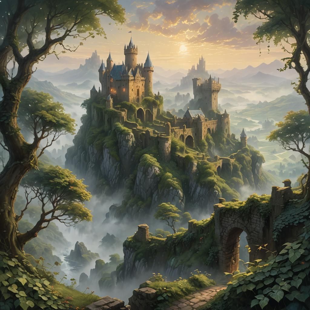 Ethereal Ruined Castle in Fantasy Landscape