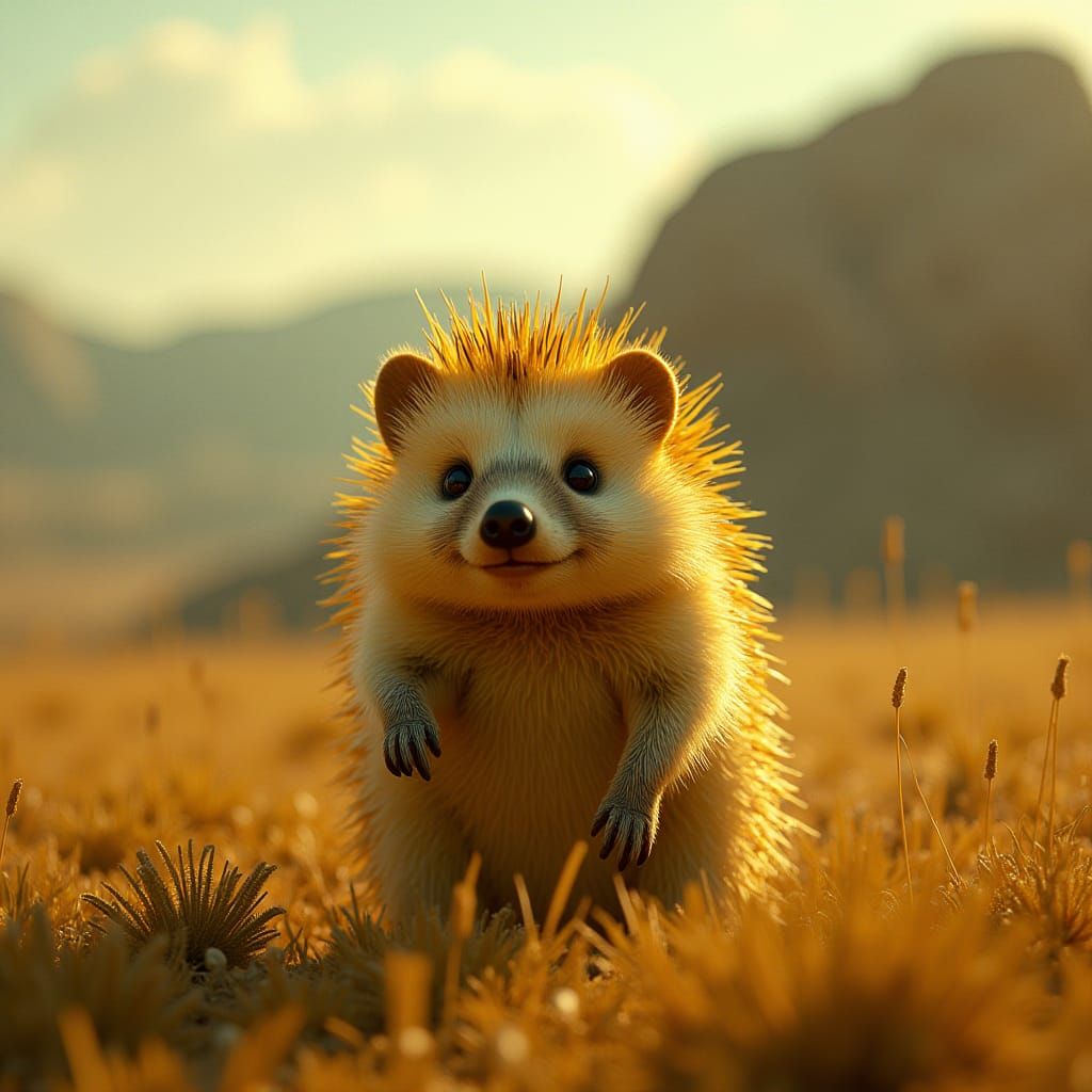 Heroic Yellow Hedgehog in Cinematic Landscape