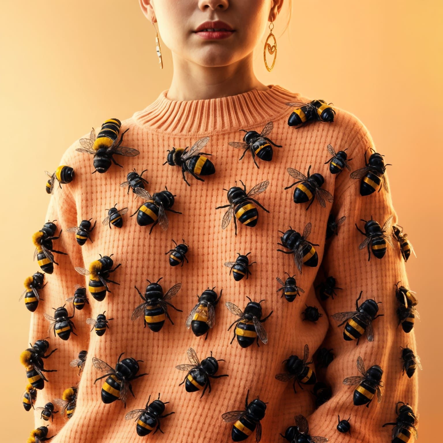 Sweater Embellished with Tiny Bees in Hyperrealistic Detail