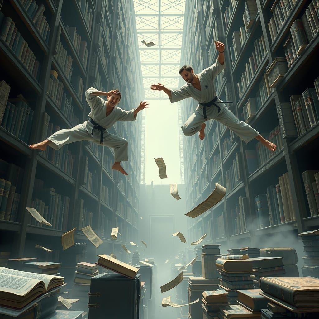 Karate Fighters Clash in a Futuristic Library
