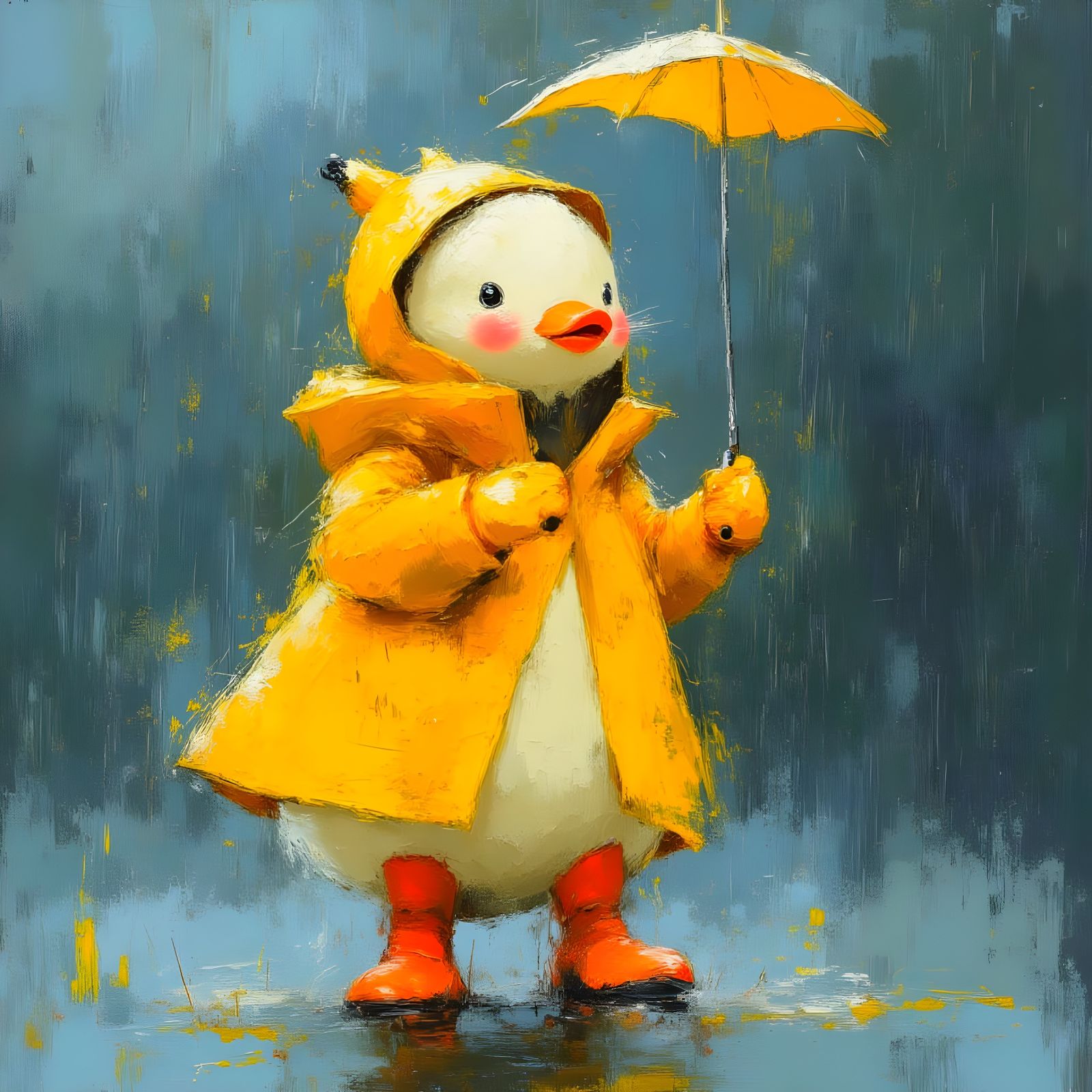 Duck Dancing in the Rain with Yellow Raincoat