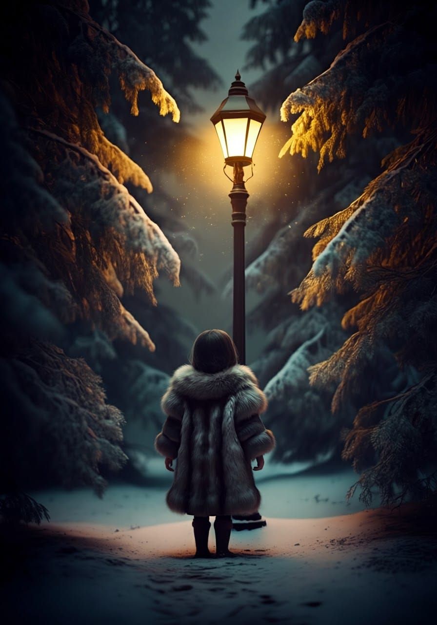 Girl and Lamppost in Snow, Dark Fantasy Art