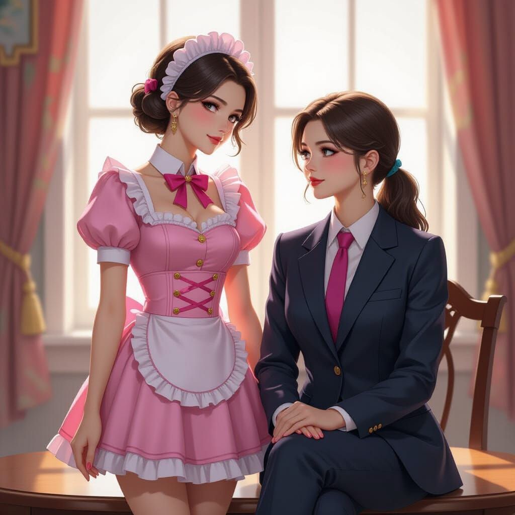 Man Crossdressing in Pink Maid Uniform, Hyperdetailed Art