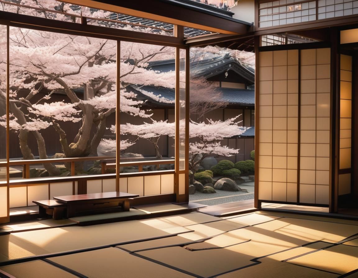 Japanese Teahouse in Ukiyo-e Style with Cherry Blossoms