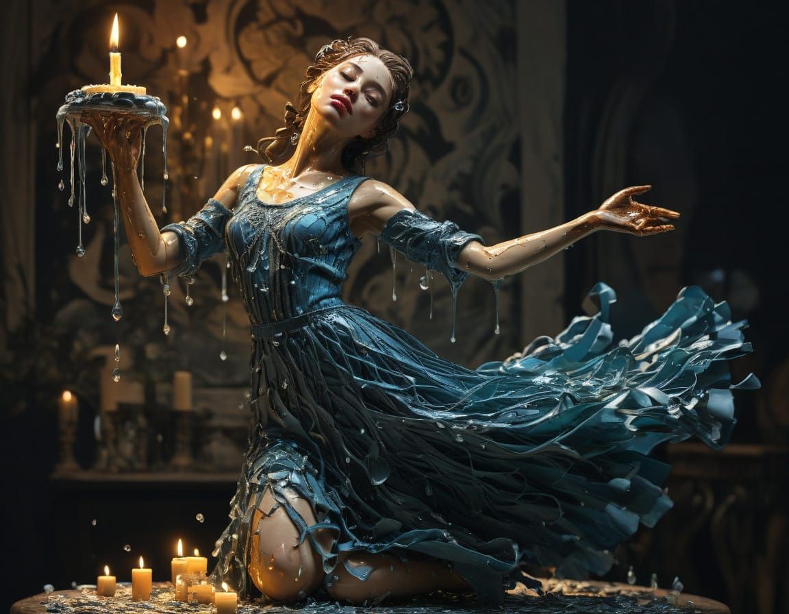 Ethereal Dancer in Wax, Oil Painting in a Vibrant Art Nouvea...