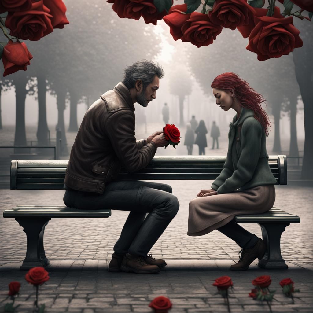 Man Offers Rose in Square: Photorealistic Art