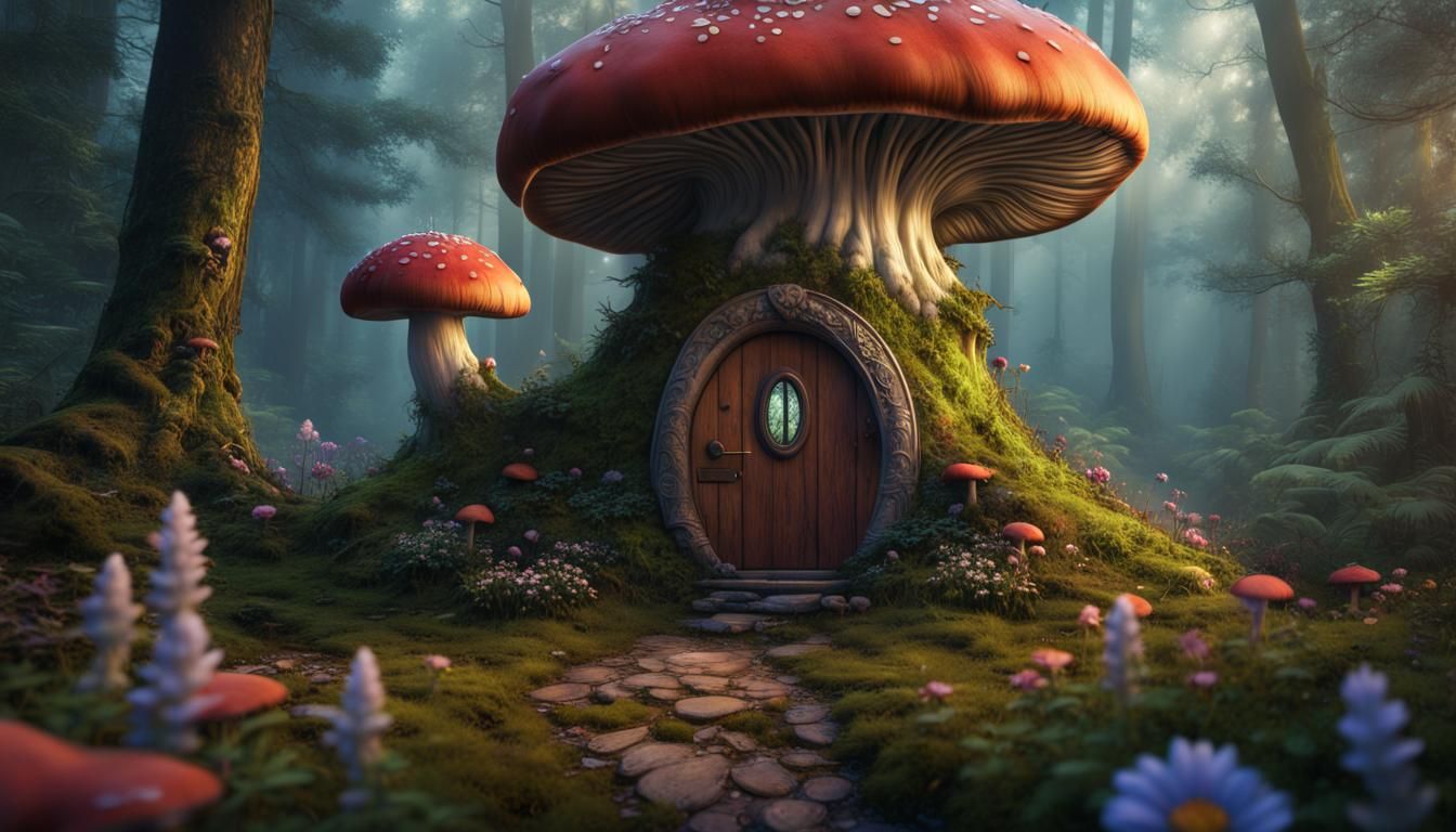 Enchanted Mushroom House in Forest, Detailed Matte Painting