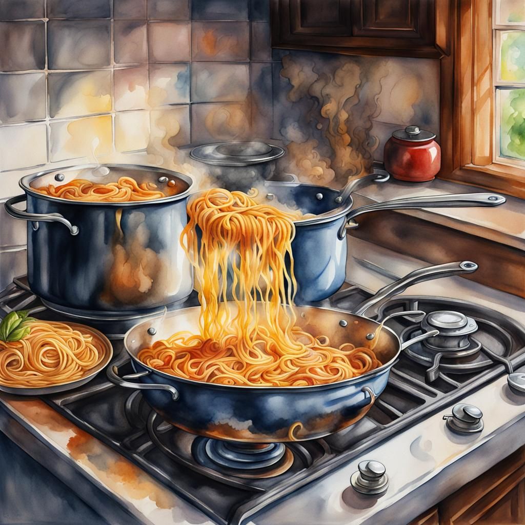 Hyperrealistic Watercolor: Pasta Pot Boiling Over