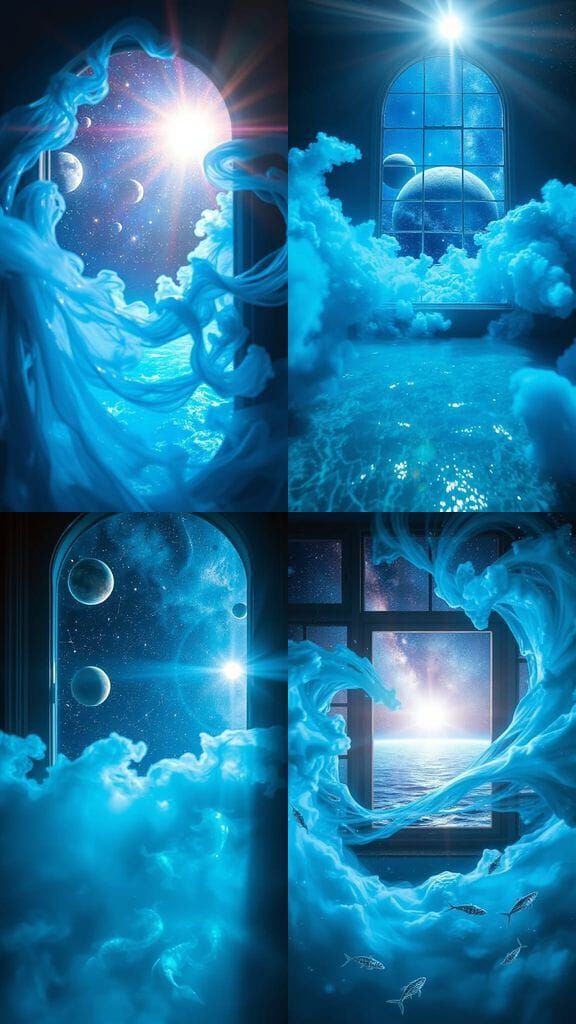 Cosmic Ocean Window in Iridescent Blue Mist