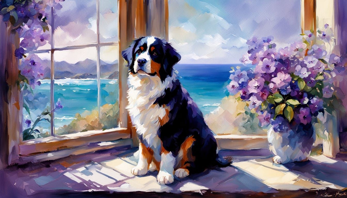 Bernese Puppy & Siamese Kitten on Windowsill with Ocean View