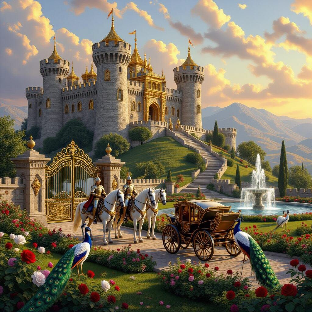 Grand Medieval Himmat Castle with Knights in Golden Hour