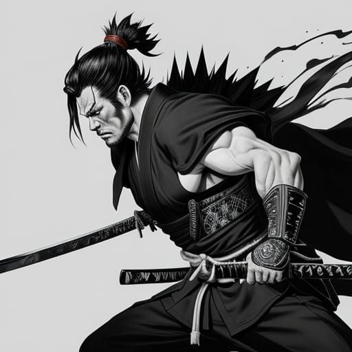 Powerful Samurai with Katana in Sumi-e Style
