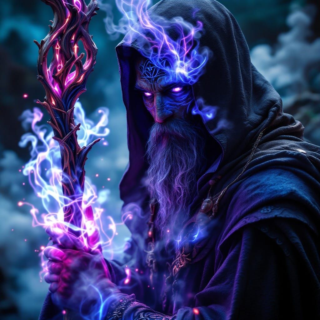 Sorcerer in Radiant Celtic Tattoos, Surrounded by Ethereal E...