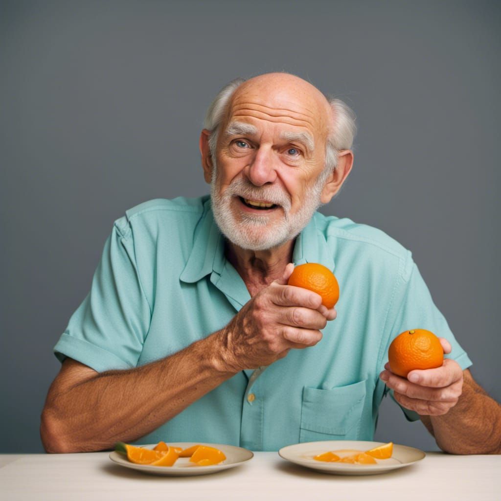 Smiling Old Man Eating Orange in Retro Style