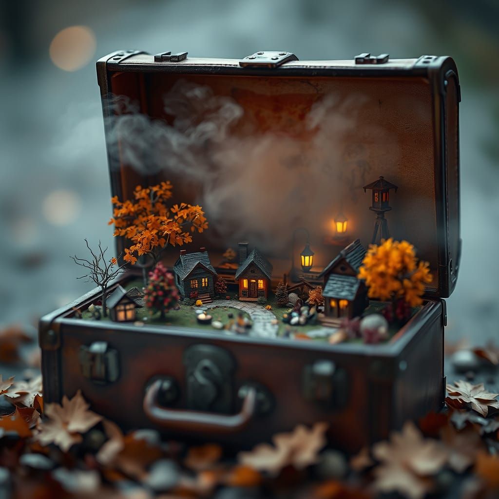 Peaceful Autumn Village Inside Leather Trunk