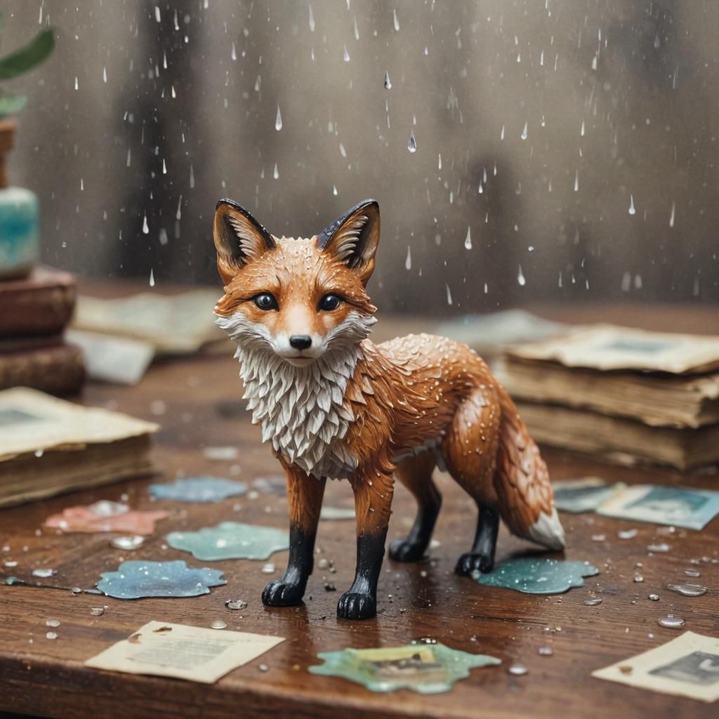 Translucent Water Fox Figurine in Dreamy Woodcut Style