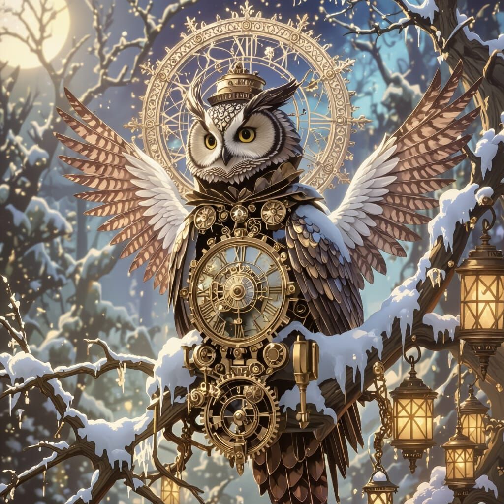 Clockwork Owl on Snowy Branch in Moonlight