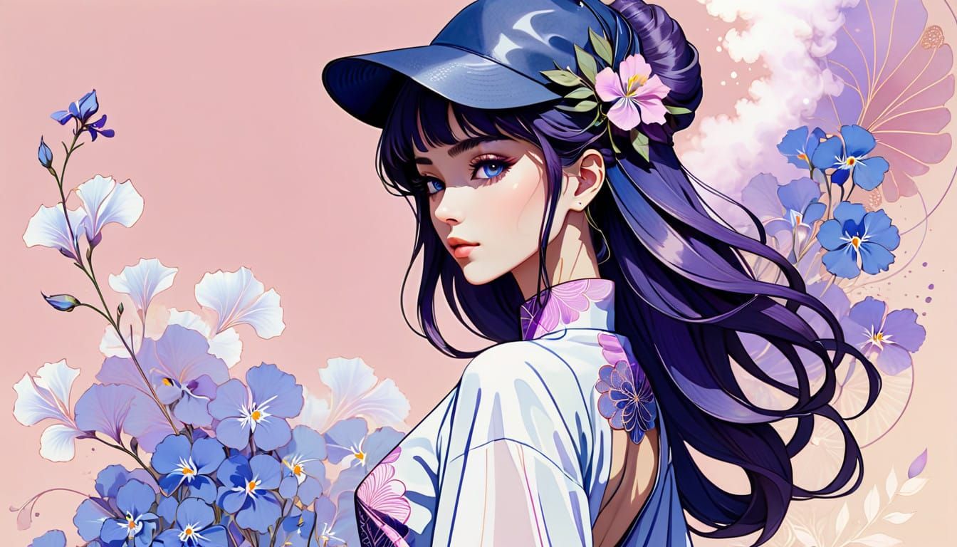 Cute Retro Futuristic Girl in Kimono with Cyberpunk Headphon...