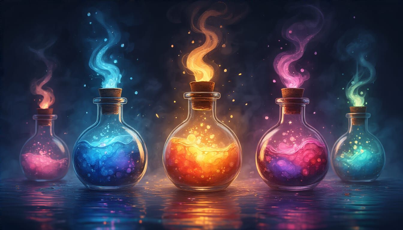 Colorful Glowing Magical Potions in Alcohol Ink Style