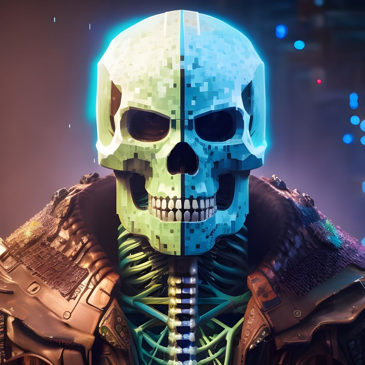 Pixel-Punk Minecraft Skeleton Portrait in Digital Art Style