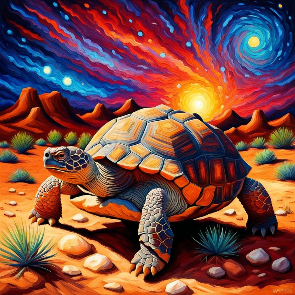 Desert Tortoise in Starry Desert, Impasto Oil Painting