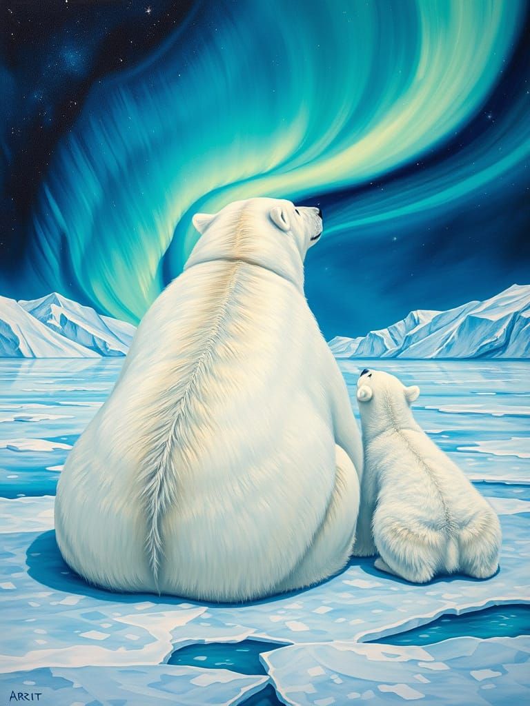 Arctic Aurora: Polar Bears in Klimt-Inspired Oil Painting