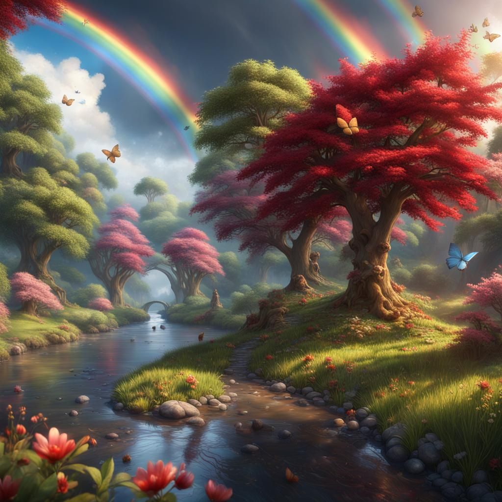 Fantastical Cherry Garden with Double Rainbow