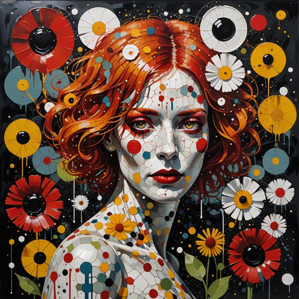 Red-Haired Cyborg Woman in Bauhaus Style Painting