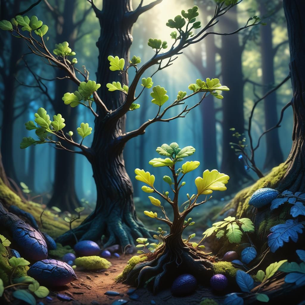 Glowing Acorn Sprout in Enchanted Forest