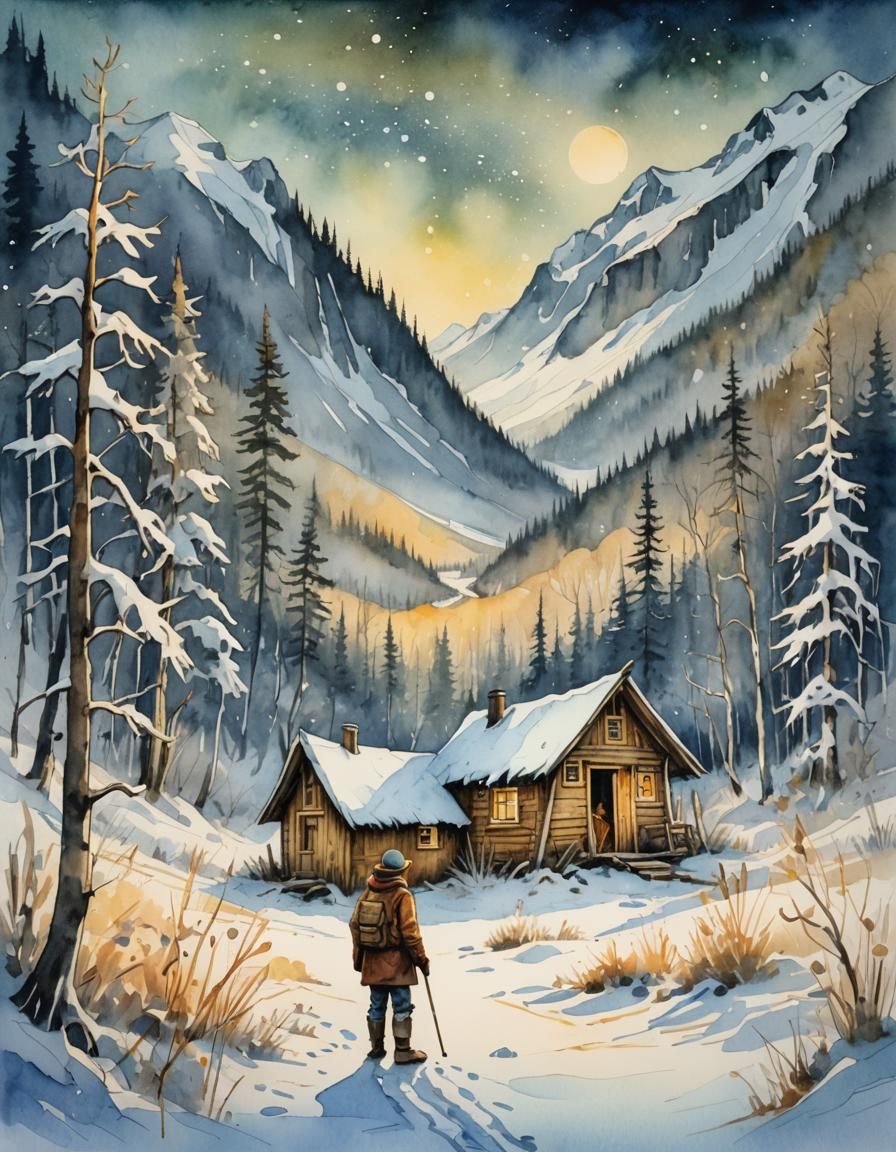 Hunter's Winter Abode in Alaska: Watercolor Illustration