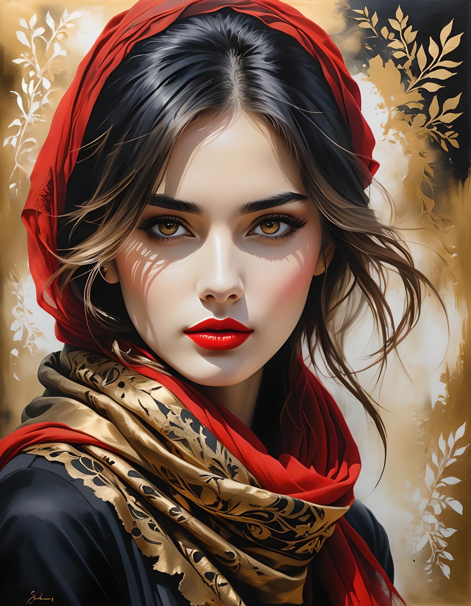 Gorgeous Girl Portrait with Red Scarf in Oil Painting Style